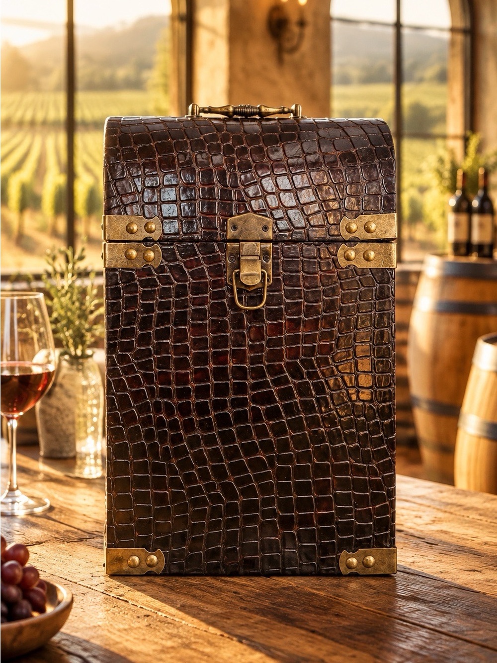 Vintage Double Wine Bottle Carrier in Dark Brown Croc Embossed Leather